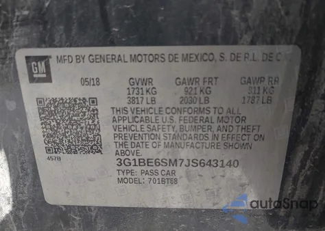 2018 Chevrolet Cruze Lt Auto z USA, uszkodzony, nr VIN 3G1BE6SM7JS643140